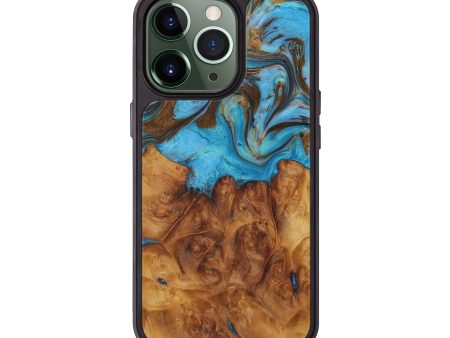 iPhone 13 Pro Wood+Resin Phone Case - LeRoy (Teal & Gold, 580243) For Sale