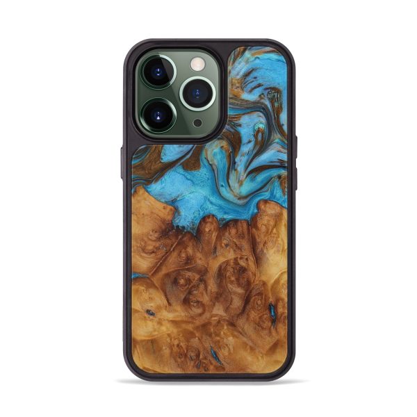 iPhone 13 Pro Wood+Resin Phone Case - LeRoy (Teal & Gold, 580243) For Sale