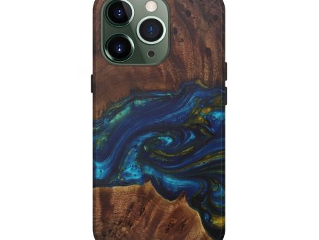 iPhone 13 Pro Wood+Resin Live Edge Phone Case - Barton (Teal & Gold, 567957) on Sale